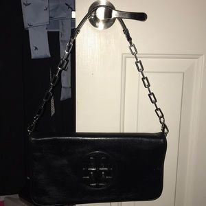 Tory Burch Black Leather Clutch w/Silver Logo
